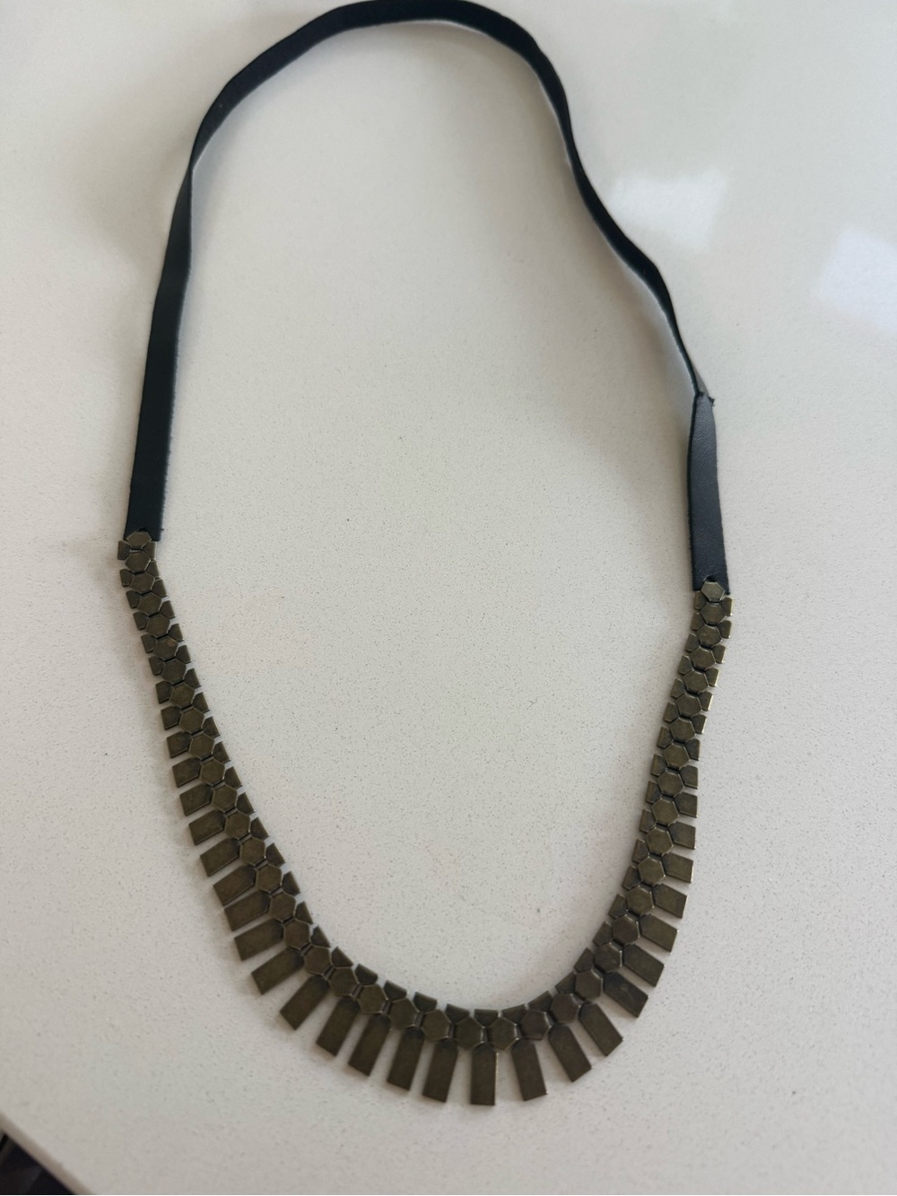 Long Antiqued Metal Brass and Leather Geometric Ribbon Necklace - Women Jewelry